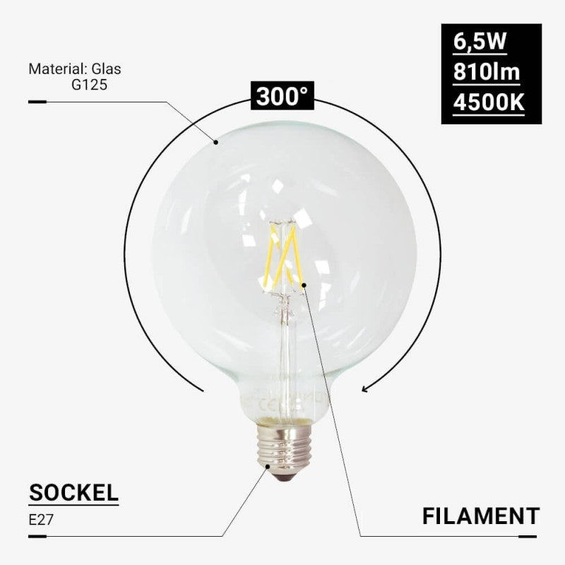 LED КРУШКА ФИЛАМЕНТ G125 6.5W 810LM E27 175-265V 4500К