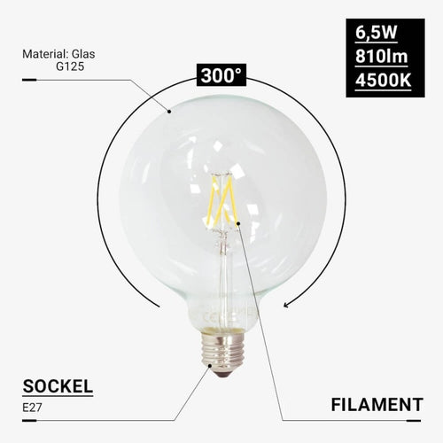 LED КРУШКА ФИЛАМЕНТ G125 6.5W 810LM E27 175-265V 4500К
